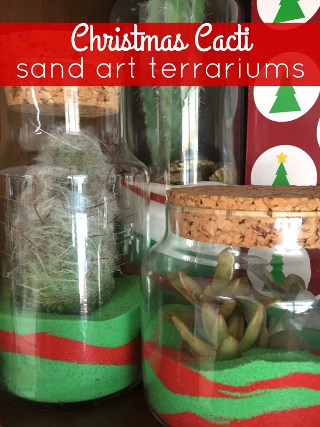 Add a whimsical twist to your traditional holiday decor with these fun DIY Christmas Cacti Sand Art Terrariums! They're easy to make and a great project for all ages!